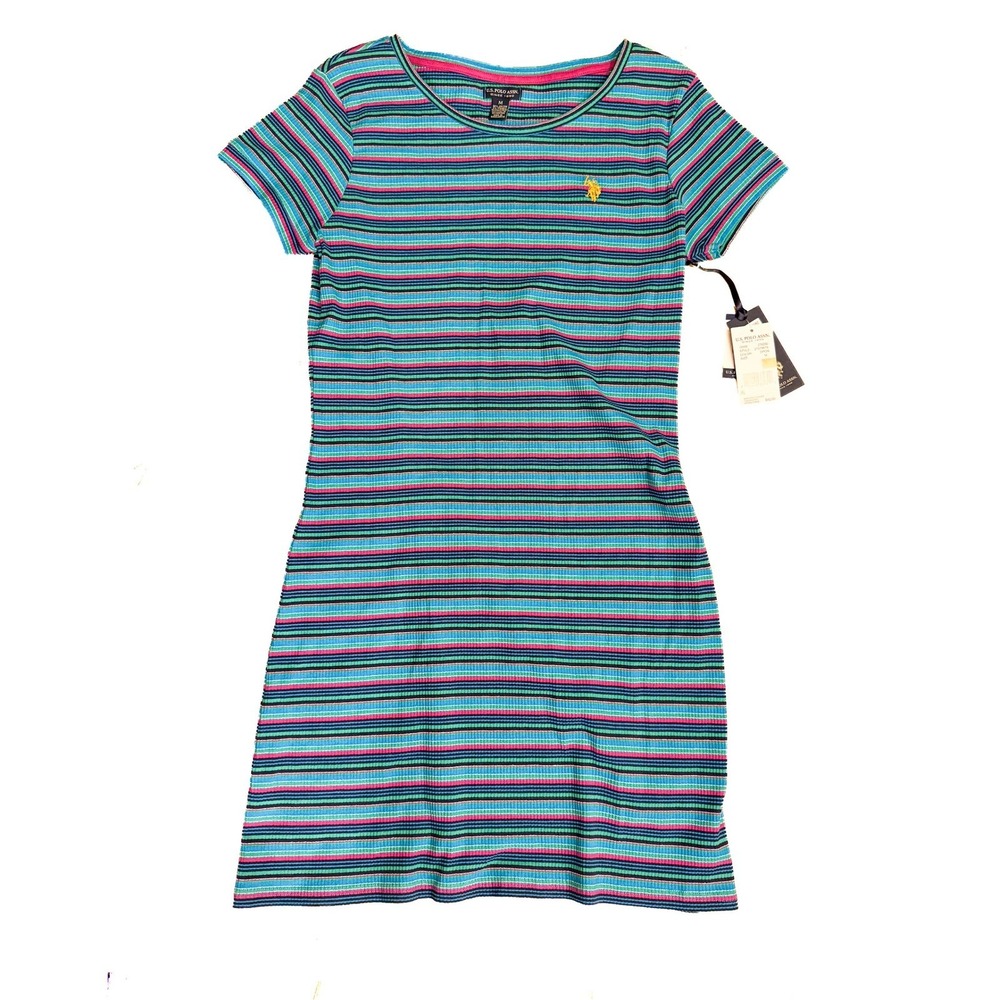 US Polo Assn Womens Striped Ribbed Knit T-Shirt Dress Multi Color Metallic M